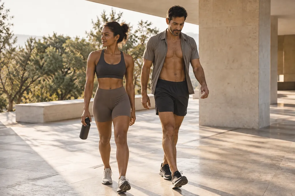 Duas pessoas em roupas esportivas caminham sob a luz da manhã.