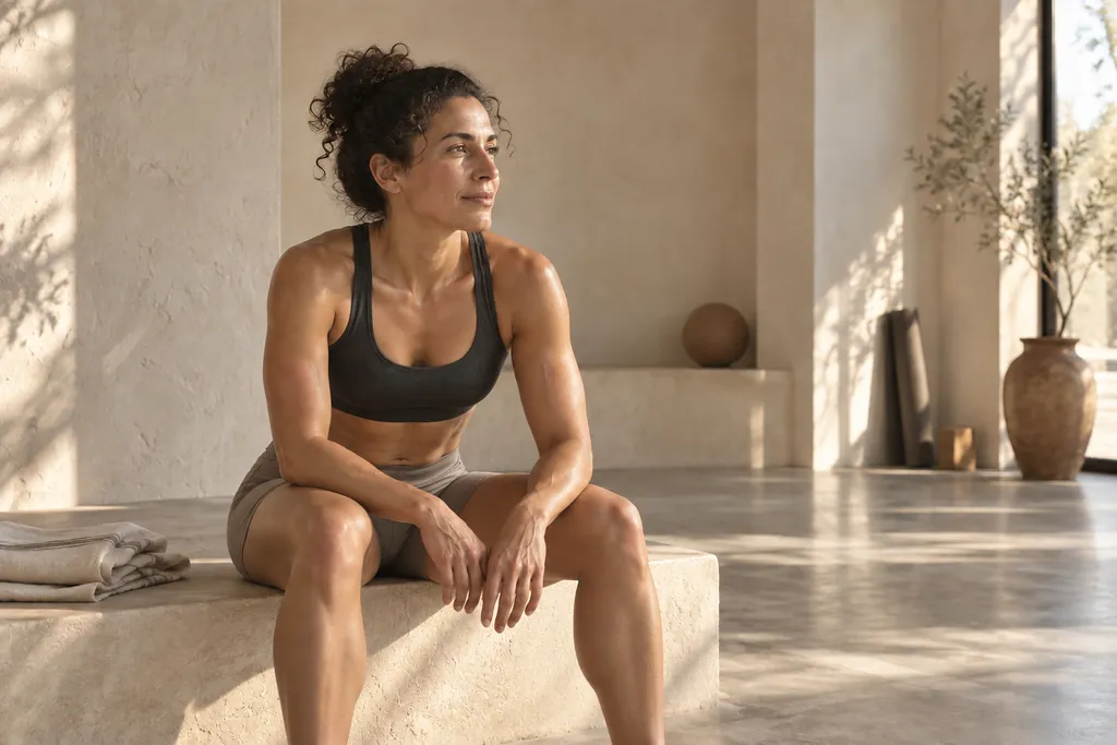 Mulher em roupas de treino faz uma pausa perto da luz natural.