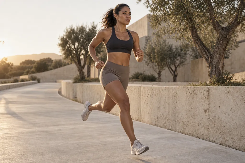 Mulher com roupas esportivas corre ao ar livre.