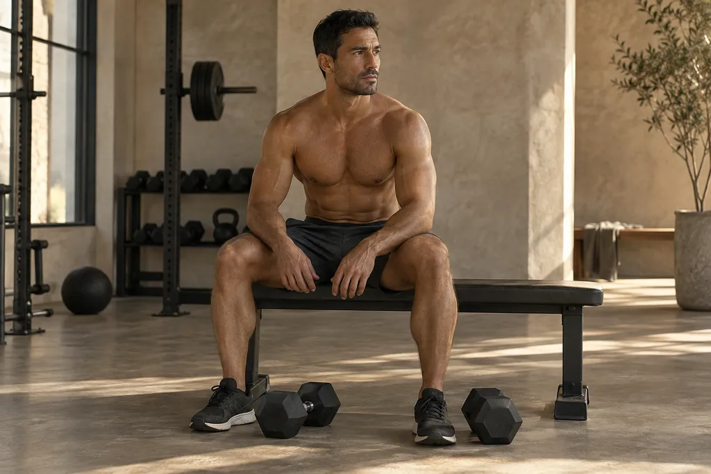 Homem faz uma pausa em um banco de musculação.